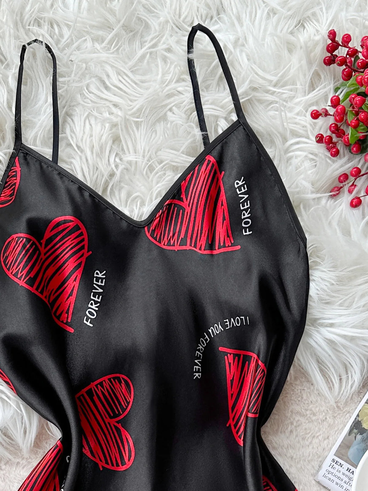 Valentine's Day Red Lip Print Satin Slip Nightdress V Neck Backless Mini Sleep DressWomen's Sleepwear Dresses