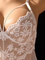 Pure white wedding-style lace net gauze nightgown set-French deep V cross straps sheer sexy pajama thong set for women ZA825096