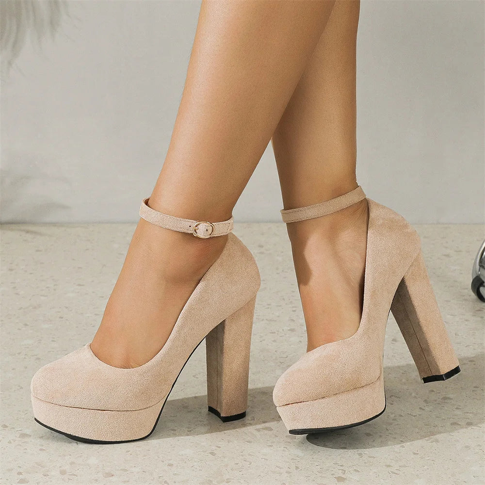 2026 Plus Size 43 Elegant Black Ankle Strap Platform Pumps Sexy Spike High Heels Shoes Women Classic Apricot Office Lady Shoes