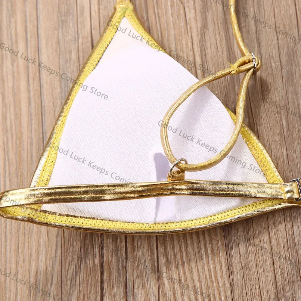 Women Sexy Thong Bikini Set Silver Gold Sequinis Biquini Swimwear 2025 Summer Push Up Padded Bra Bathing Suit Beach Wear