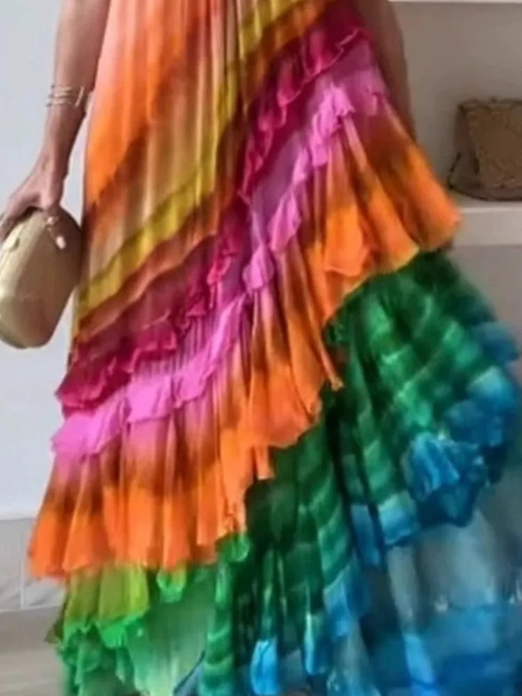 Rainbow Stripe Sleeveless Long Dresses Women Fashion Fold Layered Loose A-line Maxi Dress Temperament Lady Commuting Vestidos