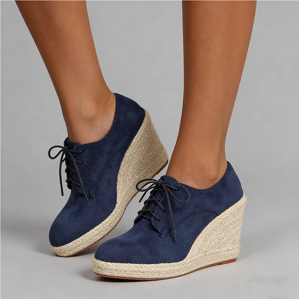 2026 Big Size 43 Vintage Brown Black Pointy Toe Lace-up High Heels Espadrilles Pumps Comfy Walk Office Lady Wedges Shoes Women