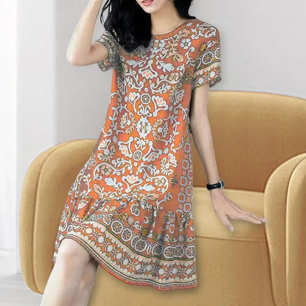 Summer Women Dress Half Sleeves Round Neck Retro Print A-line Big Hem Knee Length Loose Casual Daily Wear Vacation Midi Dress