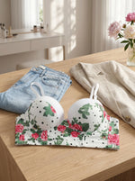 Women Floral Polka Dot Bra Retro Vintage Printed Underwire Bralette 3/4 Cup Lingerie Push Up Bra B6061