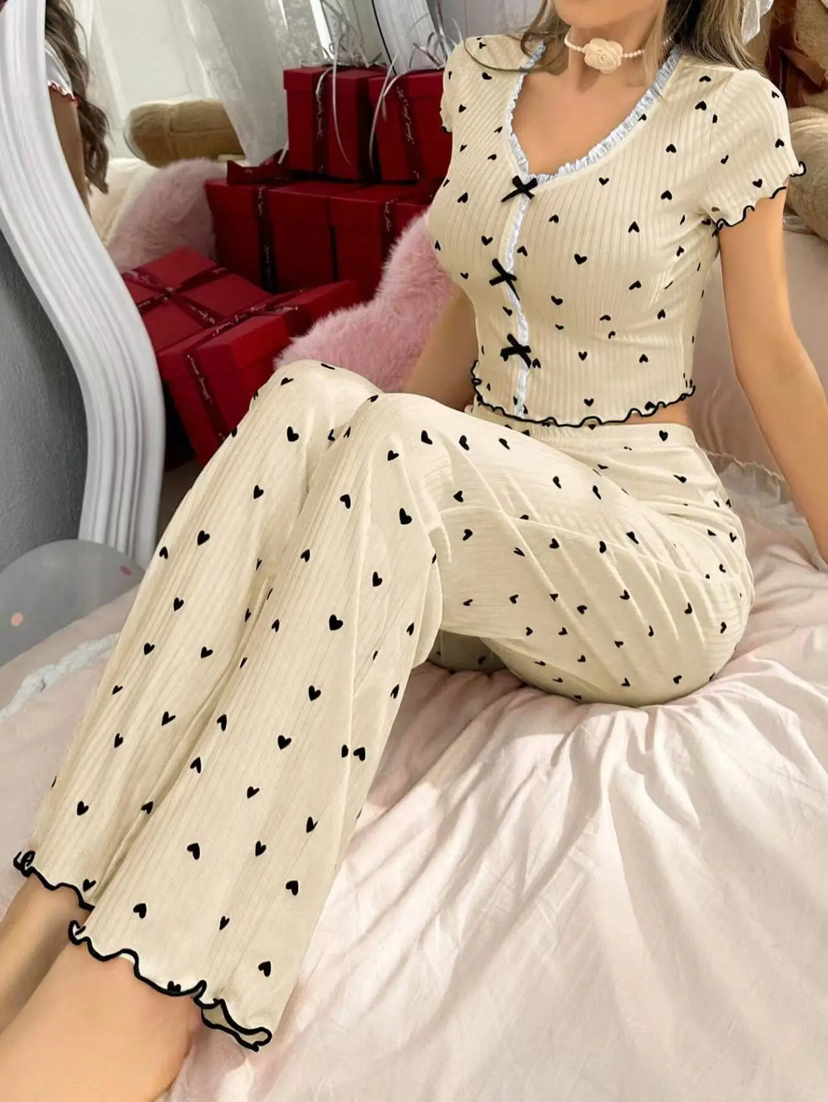Spring Autumn Coquette Pajama Set Women Sexy Heart Print Ruffle Trim Crop Top Pants 2 Piece Y2K Aesthetic Loungewear Sleepwear