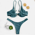 Sexy Underwire Bikini 2024 Mujer Women Solid Red Push Up Bra Thong Swimsuit Halter V Neck Bathing Suit Mini Micro Thong Swimwear