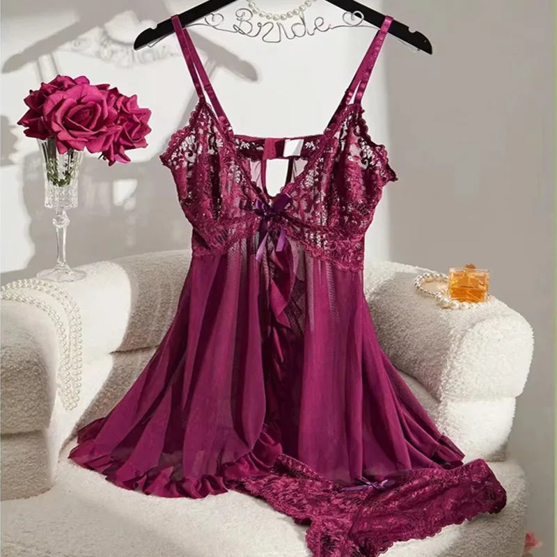 Summer New Lace See Through Nightgown for Women Solid Color Slim Fit Soft V-Neck Long Style Popular Sleepwear Fashionable Dress
