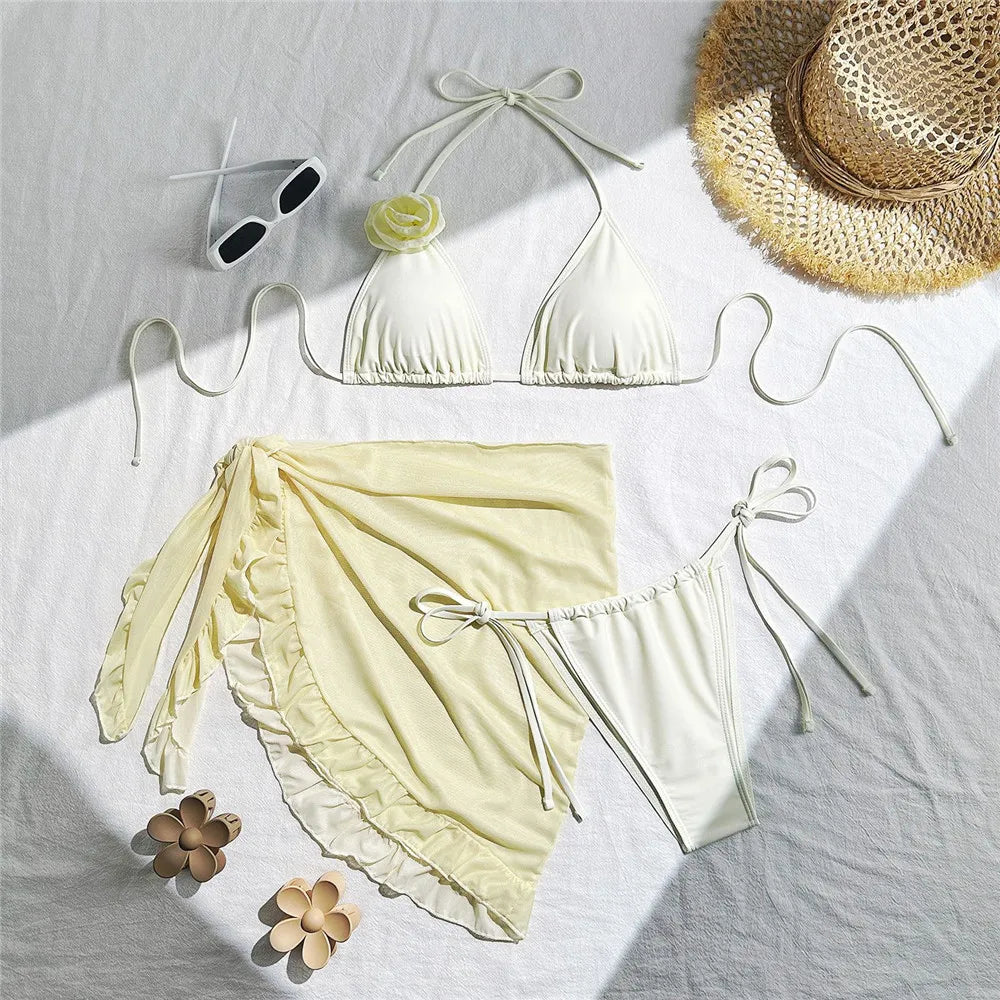 Sexy 3D Flower String Halter Bikinis 2025 Women Swimsuit Cover Ups Lace-up Thong Swimwear Beach Wear Bather 3 Piece Bikini Set