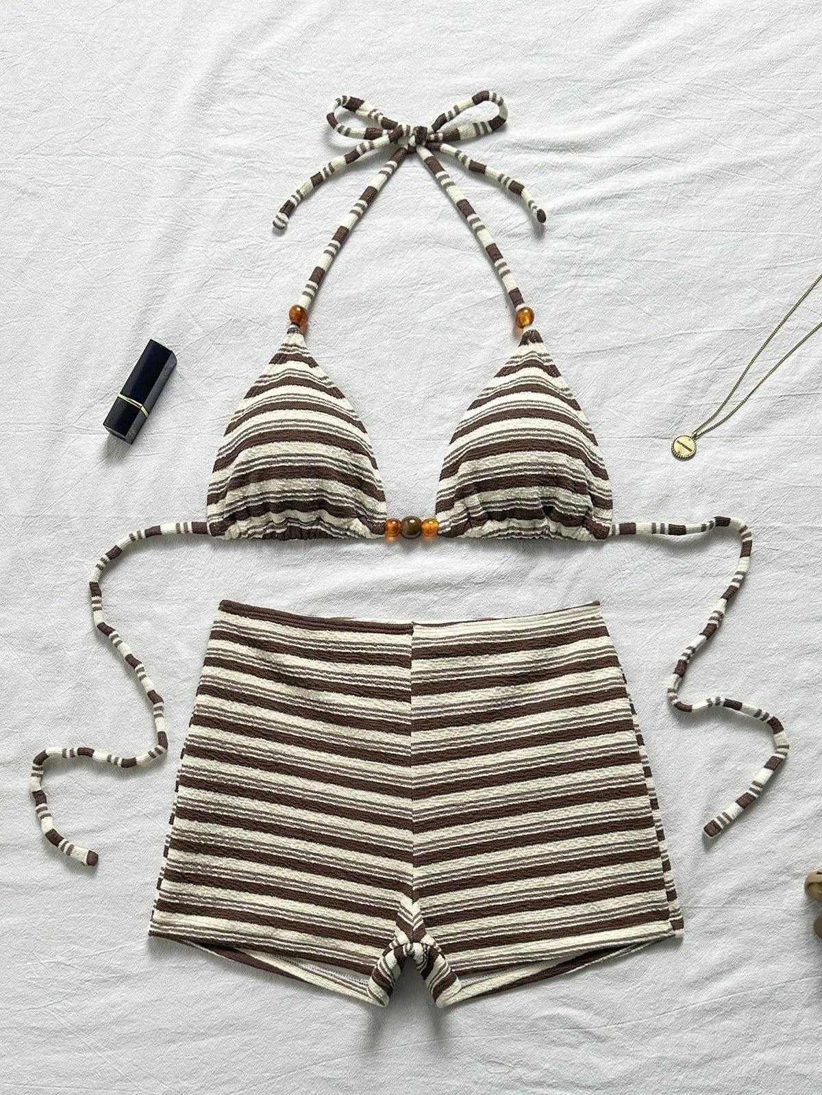 DEKA Summer Womens Striped Bikini Sexy Halter Bra Tops with Shorts 2 Pcs Set Beach High Waist Swimwear Female Bathing Suit