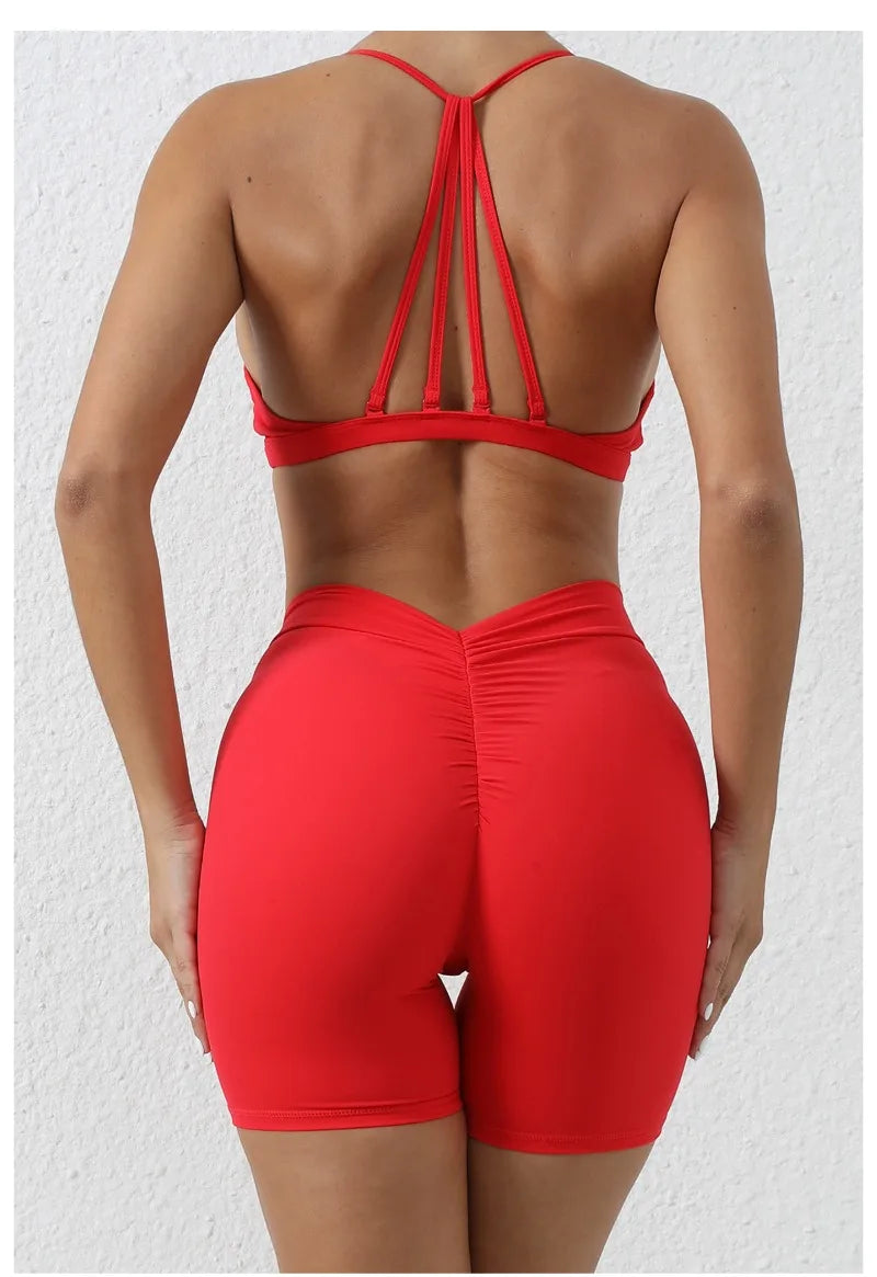Women's 2-Piece Yoga Sets High Waist Seamless ShortsHip-Lifting & Backless Gym Leggings Quick Dry Workout Fitness Suits