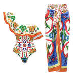 2024 Women Swimwear 2PC Cover-up Swimsuit Ruffle Solid Printed Deep V One-piece Monokini Kimono Bikini Suit Summer Beachwear