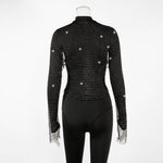 Women Rhinestone Fishnet T-shirt Solid Color Long Sleeve Crop Tops See Through Hollow Out Sexy Shirts Female Smock Tops
