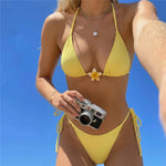 Cute Yellow String Halter Triangle Micro Bikini Thong Femmes Sexy Swimsuit Women Flower Swimwear 2026 Bikinis Sets Bathing Suit