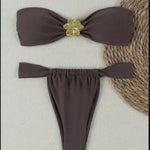 DEKA Tube Top Bikini Set Split Solid Color Swimwear Halter Neck Metal Accessories Swimsuit
