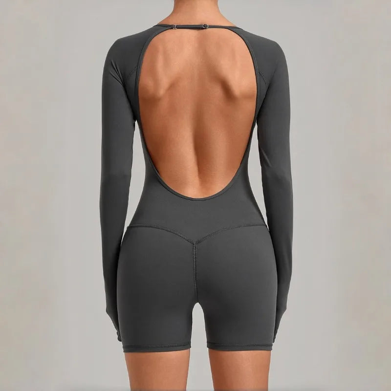 Women's Yoga Jumpsuits Sports Fitness Hip-lifting Long-sleeved Backless Running Training Workout Gym Shorts One-piece Bodysuits