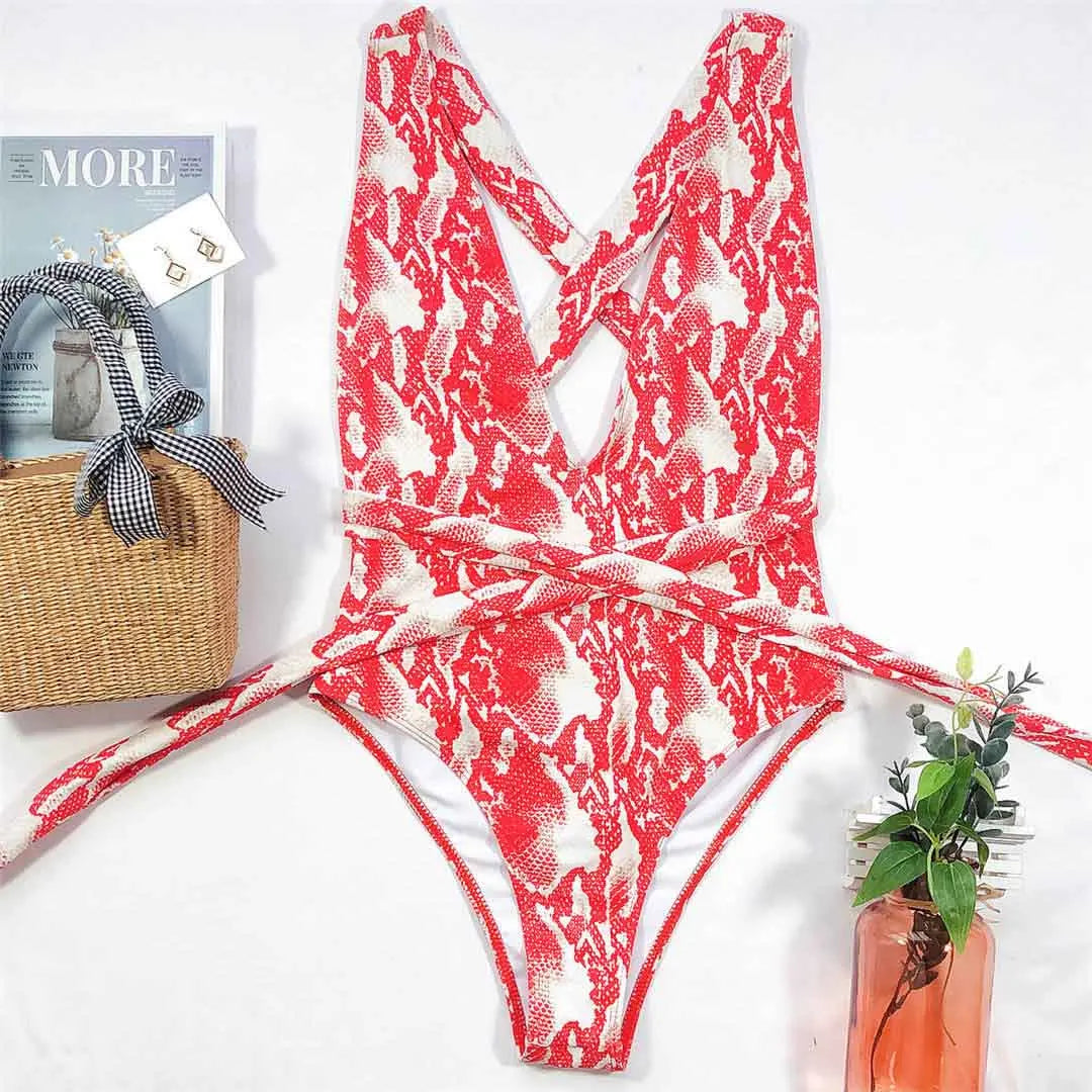 Long Strap Wrap Around Swim Suit For Women Swimwear One Piece Swimsuit Female Bather Snake Print Bathing Suit Beach V852