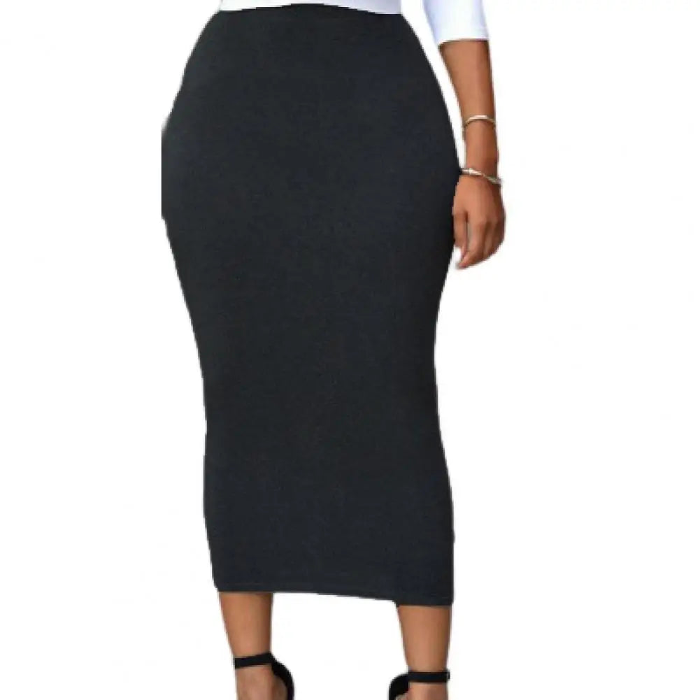 Women Skirt Solid Color Elastic Bodycon High Waist Mid-calf Length Sheath Skirt No Constraint Match Top Comfortable Dating Skirt