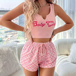 Fashion Women's Two-Piece Printed Letter Sleeveless Vest and Plaid Casual Shorts Pajama Set Summer Casual Home Pajama Set New