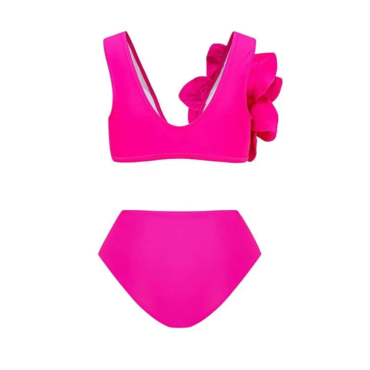 2024 Sexy Sling Ruffle Solid Two Pieces Bikini Women High Waist 3D Flower Swimsuit Skirt Summer Backless Beachwear Bathing Suit