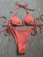 Sexy Brown Bikini 2026 Women Solid Red Halter Push Up Bra Tie Side Triangle Swimsuit Summer Bathing Suit Lace Up Micro Swimwear