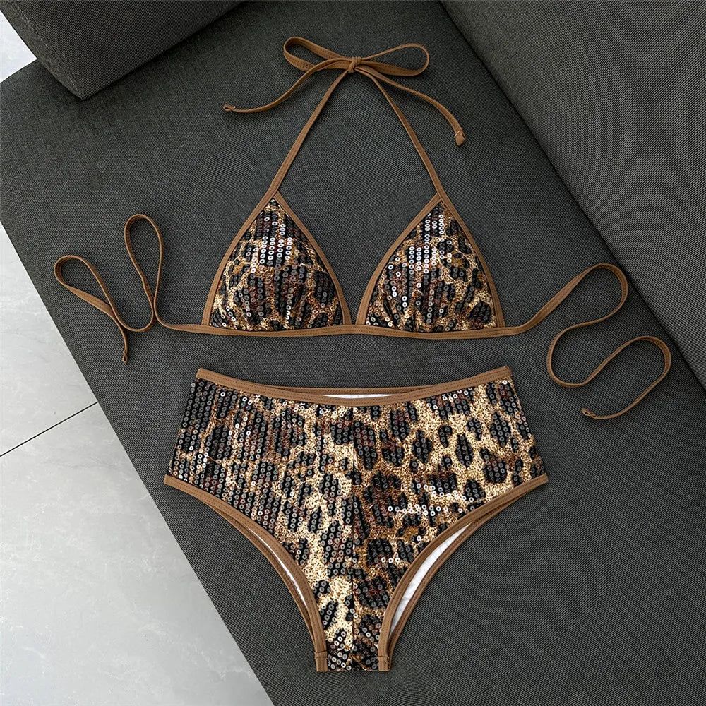 Sexy Brown Leopard Sequin Swimwear Halter String Triangle Bikini Femmes Women 2026 Micro Thong Swimsuit Bikinis Sets De Mujer