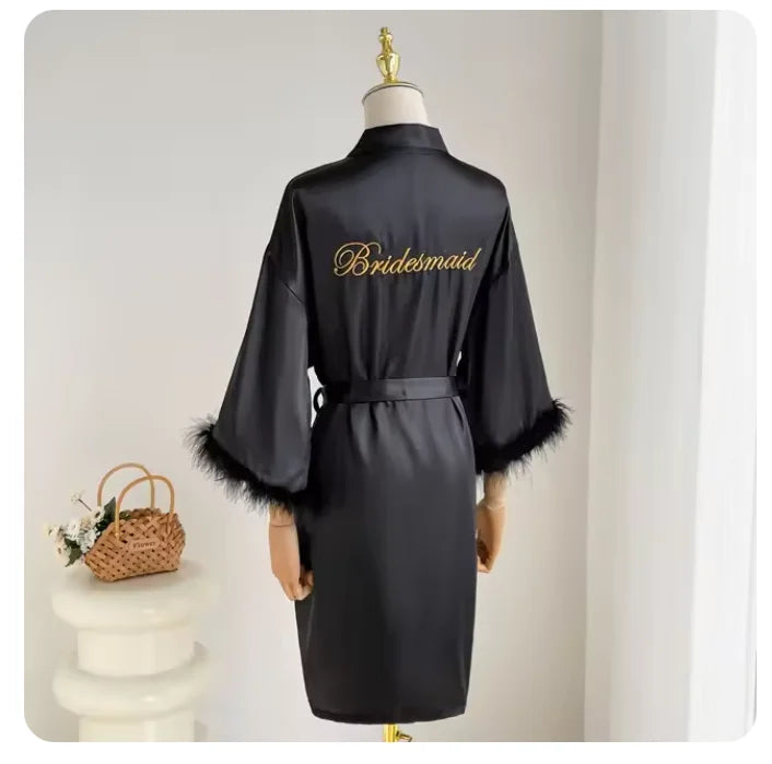 Fashion Satin Robe Female Bathrobe Sexy Lingerie Silk Kimono Bride Dressing Gown Women Sleepwear Furry 3/4 Sleeve Gown Bathrobe