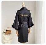 Fashion Satin Robe Female Bathrobe Sexy Lingerie Silk Kimono Bride Dressing Gown Women Sleepwear Furry 3/4 Sleeve Gown Bathrobe