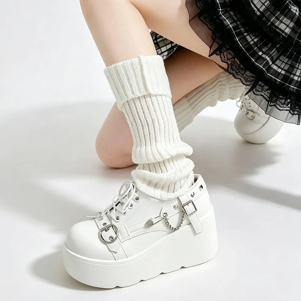 New Arrival Gothic Black Rivets Platform Creepers Shoes White Chain Decor Goth Creepers Chunky Lace Up Lolita Casual Shoes