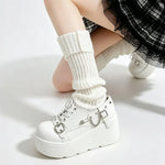 New Arrival Gothic Black Rivets Platform Creepers Shoes White Chain Decor Goth Creepers Chunky Lace Up Lolita Casual Shoes