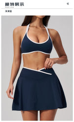 Summer New Outdoor Breathable Yoga Sets Women Color Block Shockproof Sports Bra Tennis Pleate Skirt Gym Workout Fitness Suits