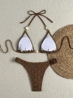 Sexy Beige Black Micro Bikini Set 2026 Women Pearls Strap Push Up Bra Pleate Thong Swimsuit Beach Bathing Suit Holiday Swimwear
