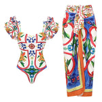 2024 Women Swimwear 2PC Cover-up Swimsuit Ruffle Solid Printed Deep V One-piece Monokini Kimono Bikini Suit Summer Beachwear