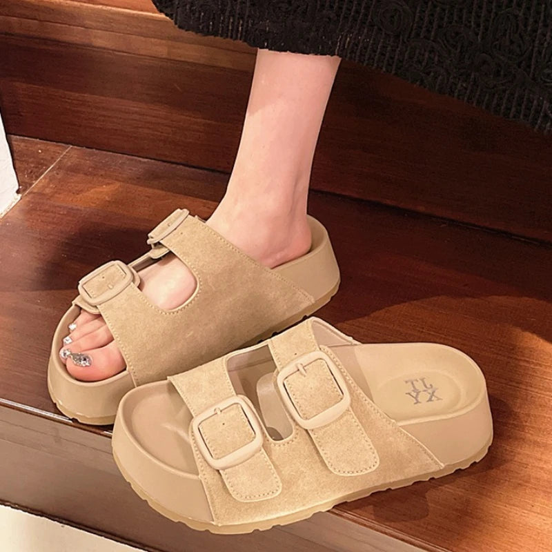 Women Leisure Slippers Retro Trend With Buckles Female Summer Casual Shoes Comfortable Beach Slides Girls Platform Sandals