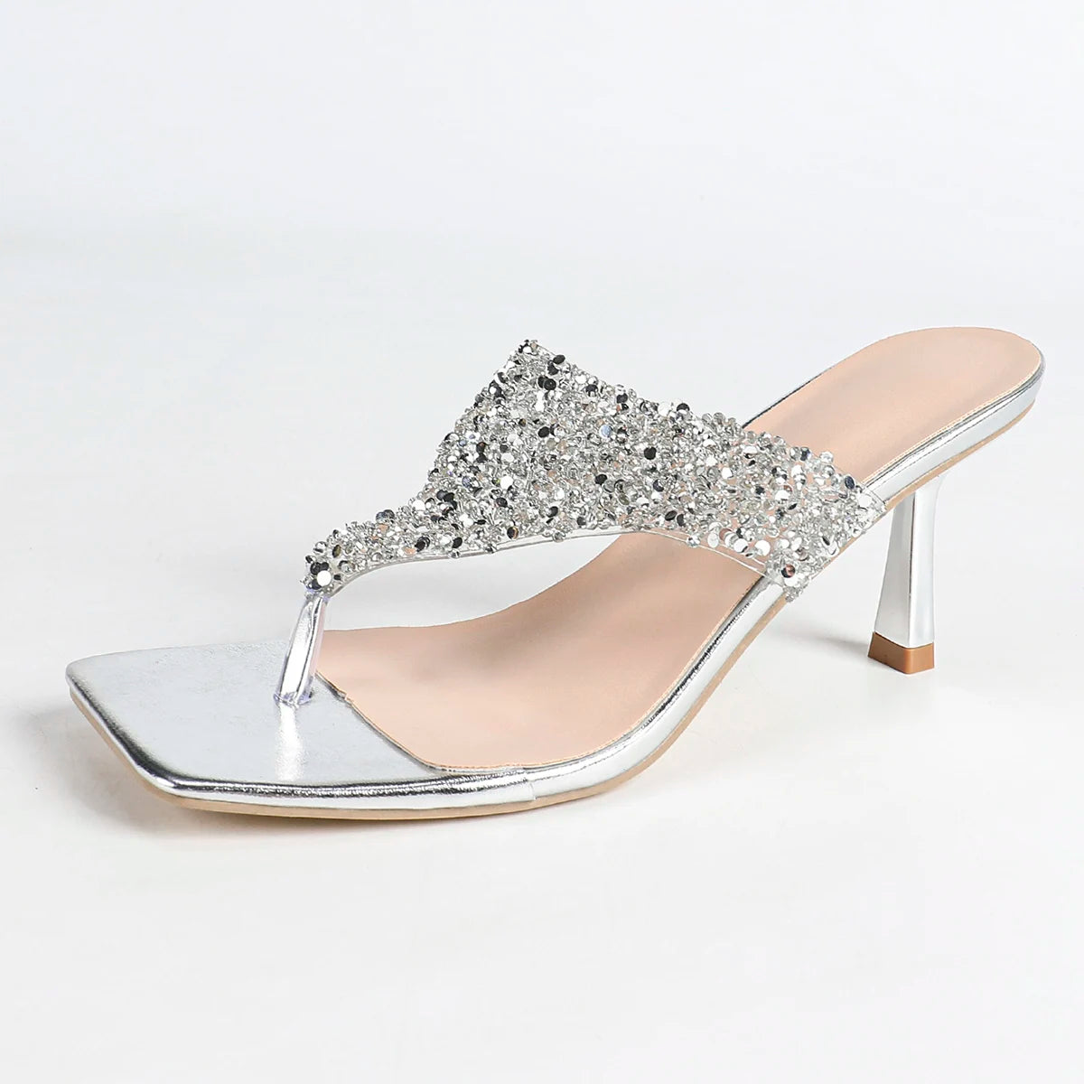 NASBAVI 7cm Thin-heeled Flip-flops for Summer, Shiny Rhinestones, Square-toed, Open-toed, Hermeted Casual Outerwear for Women