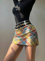 Plaid Double Waistband A-line Short SkirtWomen American Style Street High Waist Casual Collision Color Wrap Hip Skirt OJR7