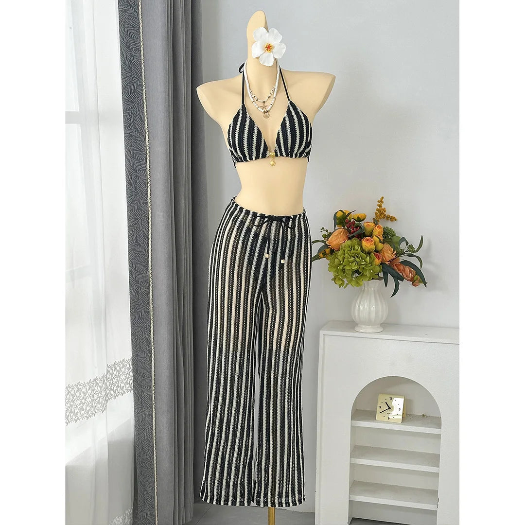 With Pants Striped Halter Bikini Female Swimsuit Women Swimwear Three-Pieces Bikini Set Brazilian Bather Bathing Suit Swim V7838