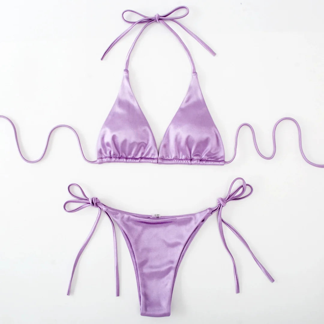 Sexy Satin Halter Brazilian Padded Bikini Female Swimsuit Women Swimwear Two-Pieces Bikini Set Bather Bathing Suit Swim V4966S