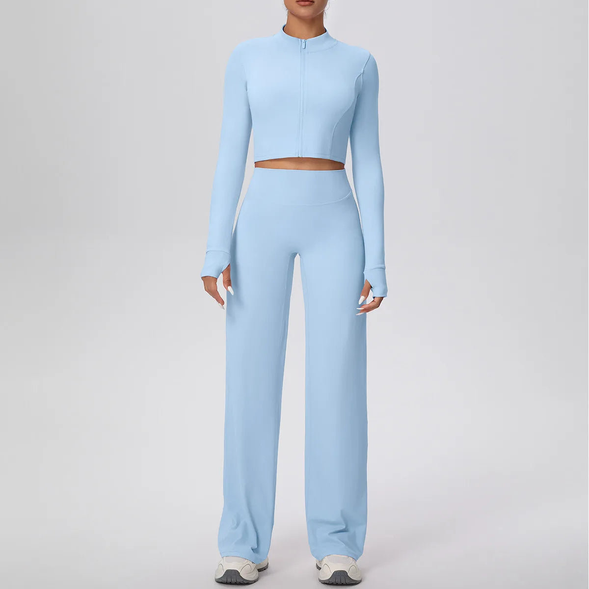 2 Pcs Women's Seamless Yoga Set Long-sleeved Wide-leg Pants Tracksuit Fitness Sports Set High-waisted Hip-lifting Slim-fit Suit