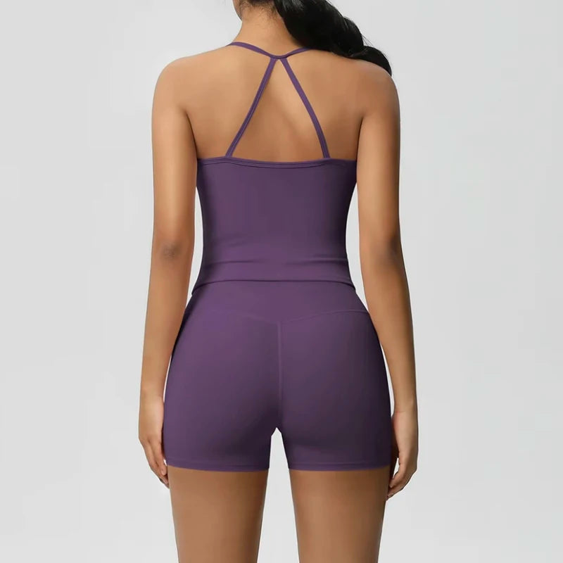 Women's Slim Shoulder Yoga Vest High Waisted Waist Hugging Naked Yoga Three Part Shorts Exercise Set Popular Fitness Clothing