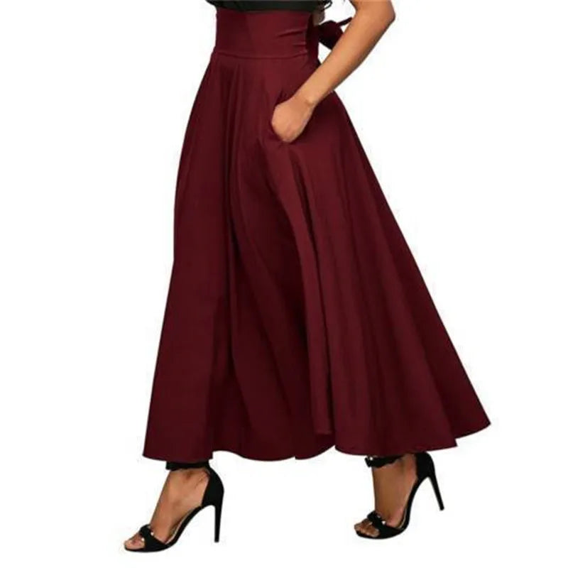 Fashion Women's Ladies Solid Color Bandage Pleated Cocktail Party High WaistSummer A Line Skirts With Pocket