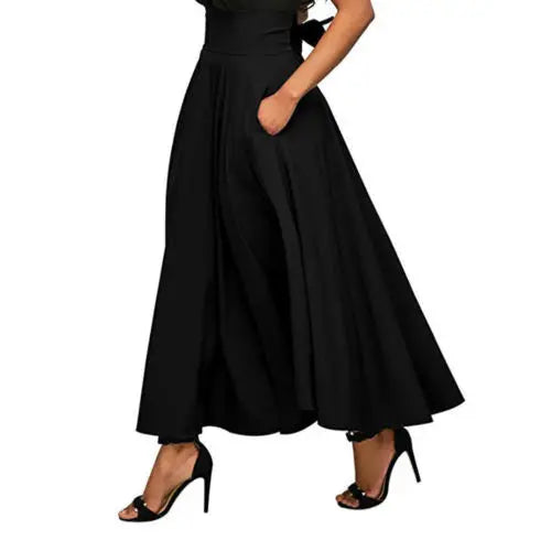 Fashion Women's Ladies Solid Color Bandage Pleated Cocktail Party High WaistSummer A Line Skirts With Pocket