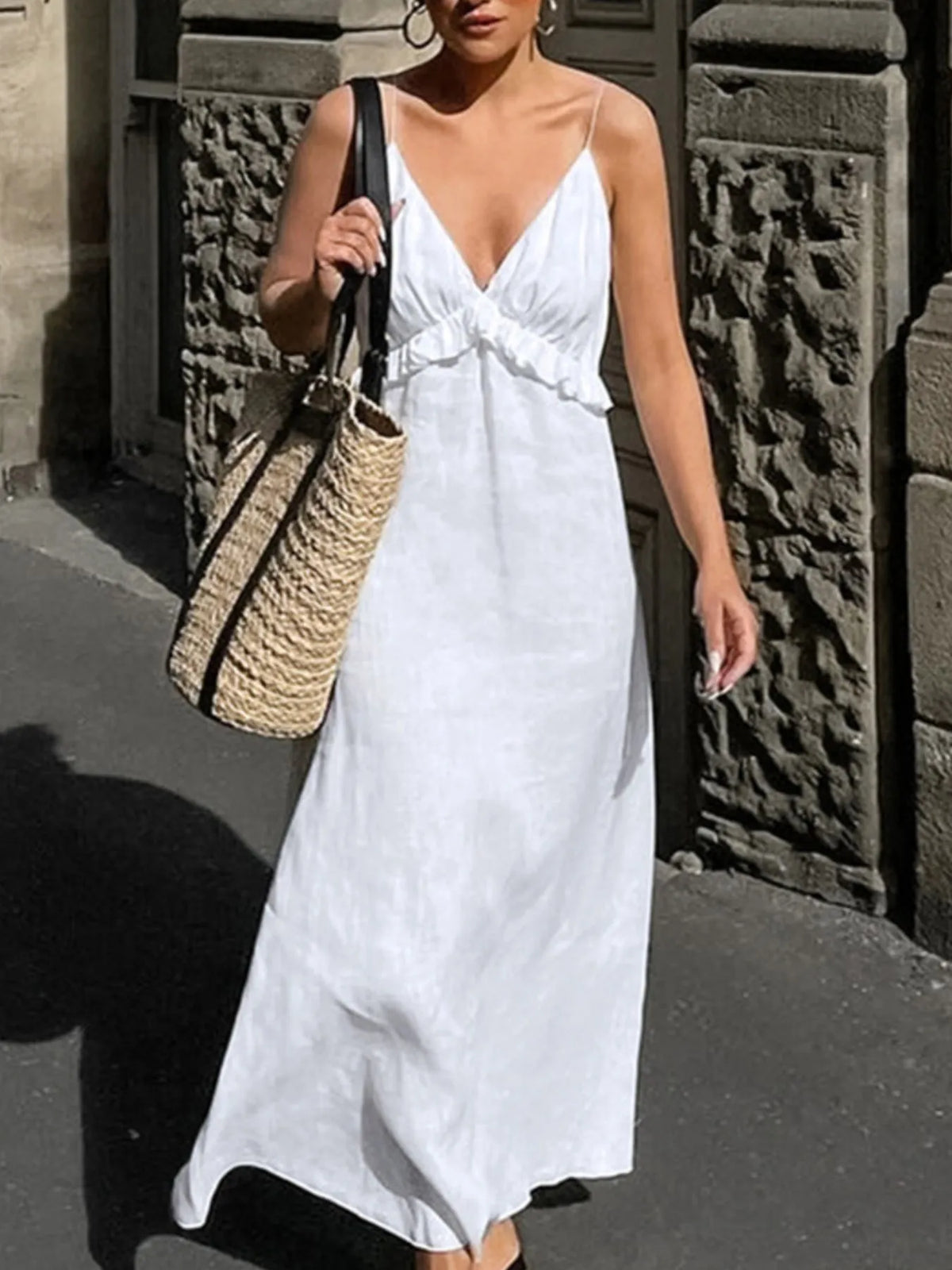 Ruffled V-Neck Maxi Dress - Ladyez