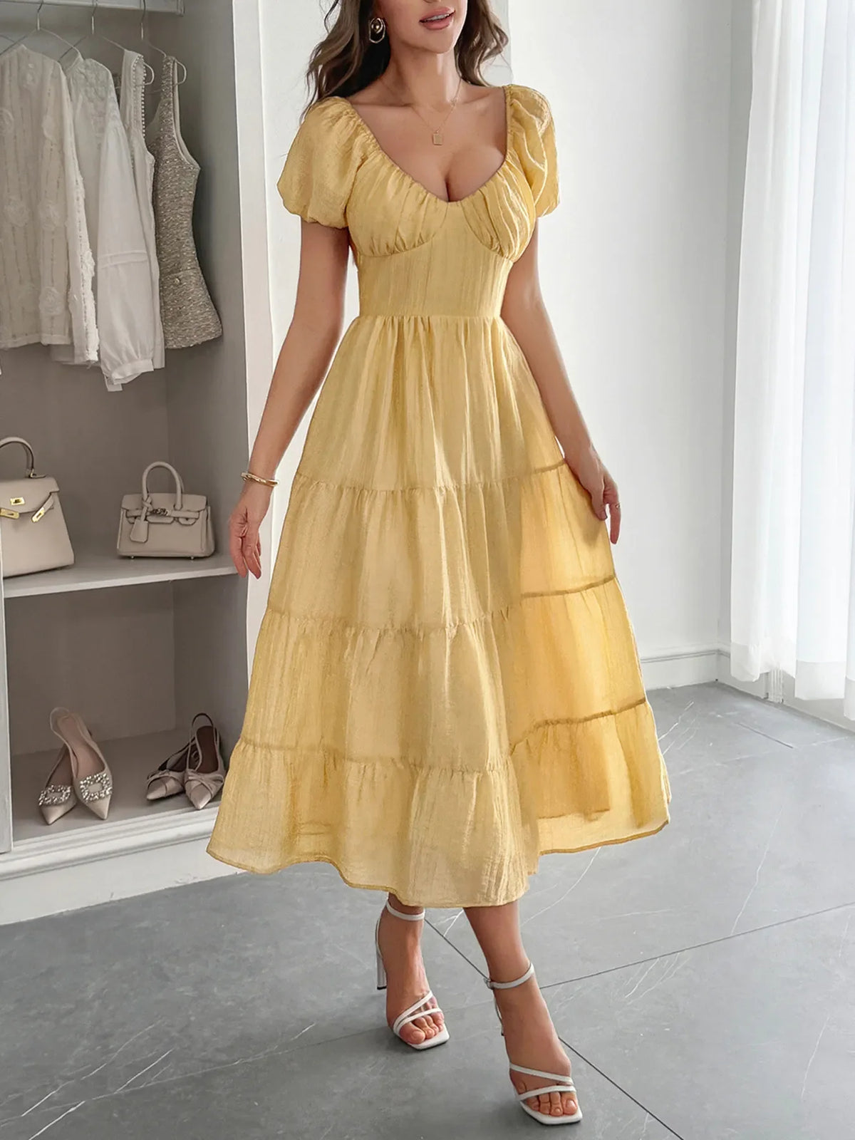 V-Neck Short Sleeve Midi Dress