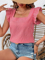 Gingham Ruffle Sleeve Square Neck Blouse
