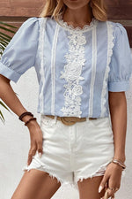 Lace Detail Striped Round Neck Half Sleeve Blouse - Ladyez