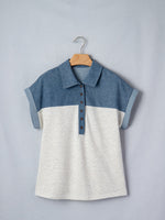 Color Block Denim Patchwork Button Polo Collar Short Sleeve Top