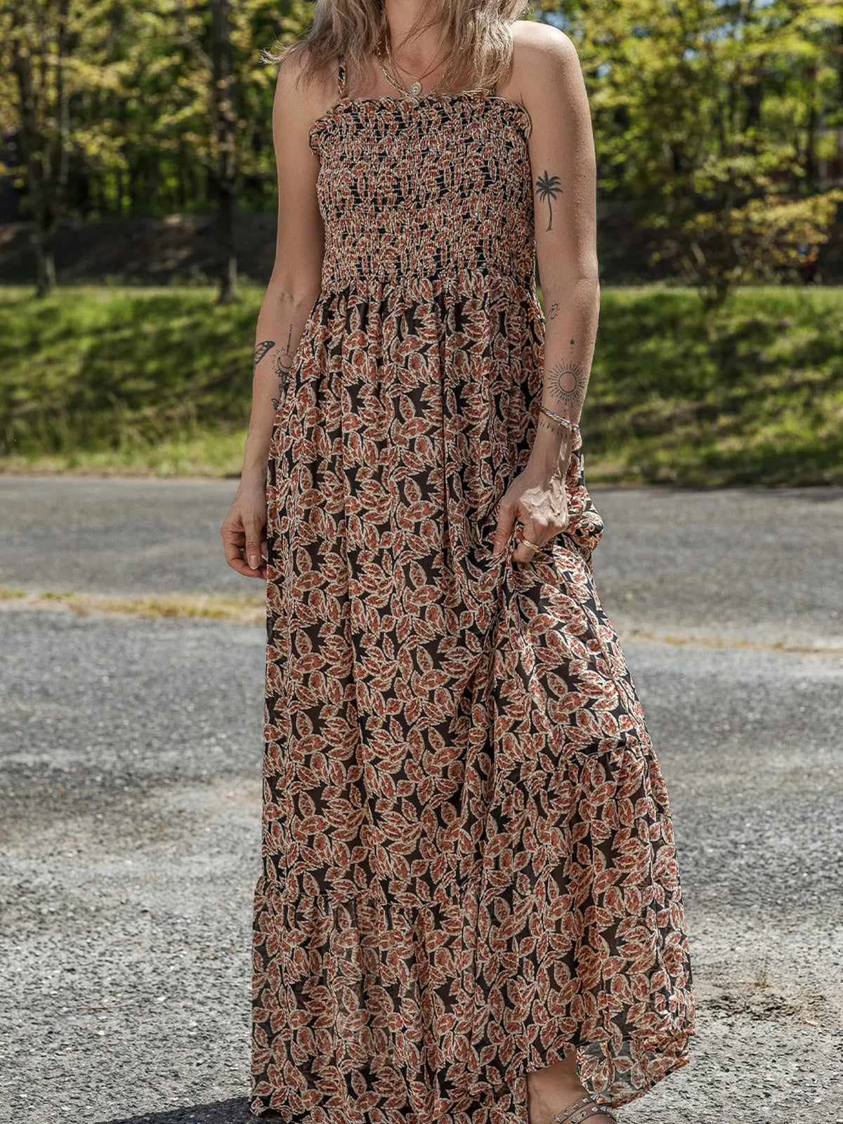 Printed Smocked Bodice Maxi Dress - Ladyez