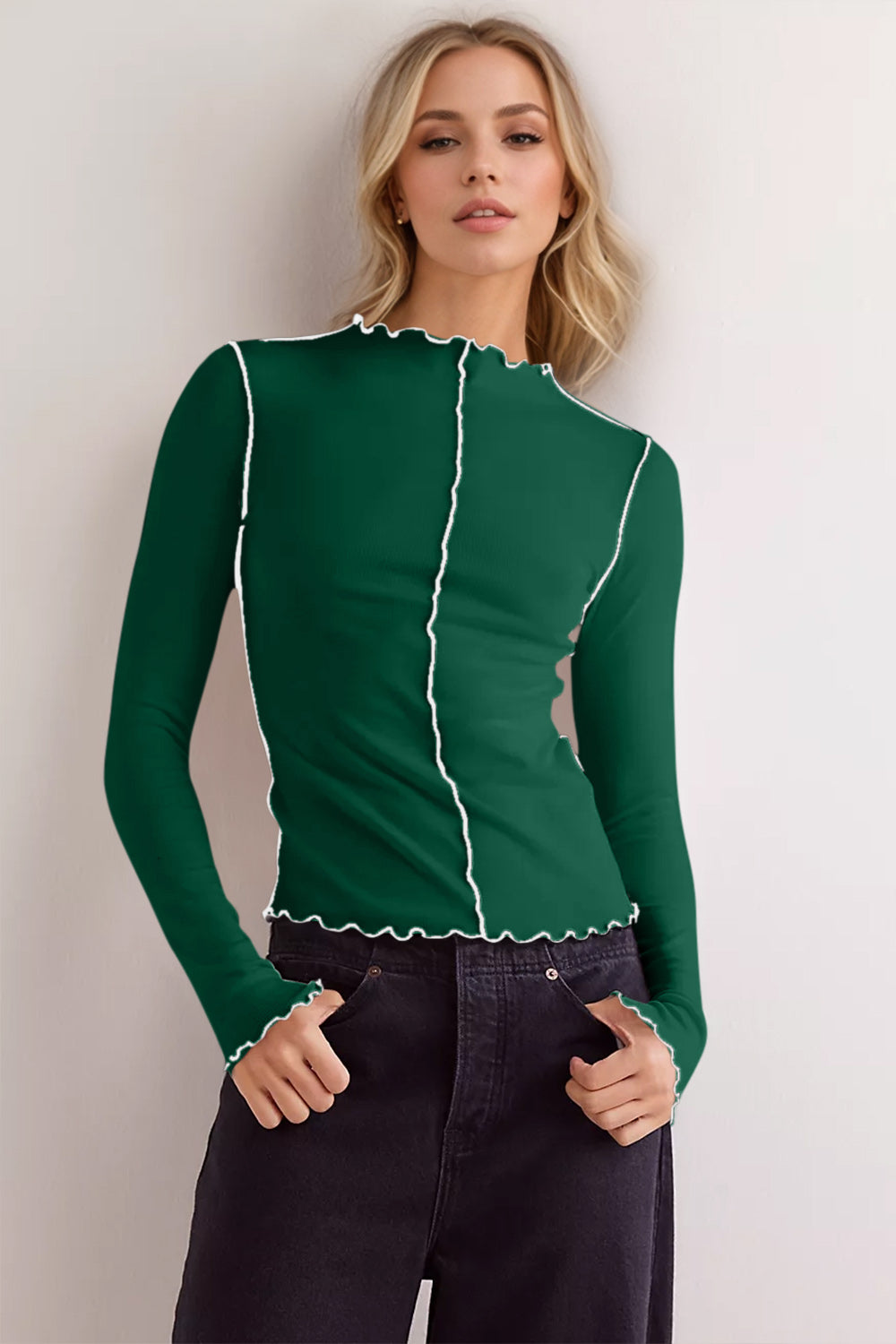 Basic Bae Contrast Trim Mock Neck Long Sleeve T-Shirt - Ladyez