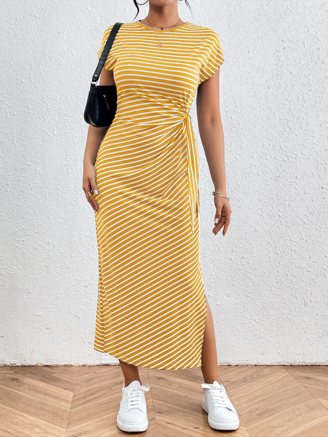 Honey Tied Striped Round Neck Short Sleeve Tee Dress - Ladyez