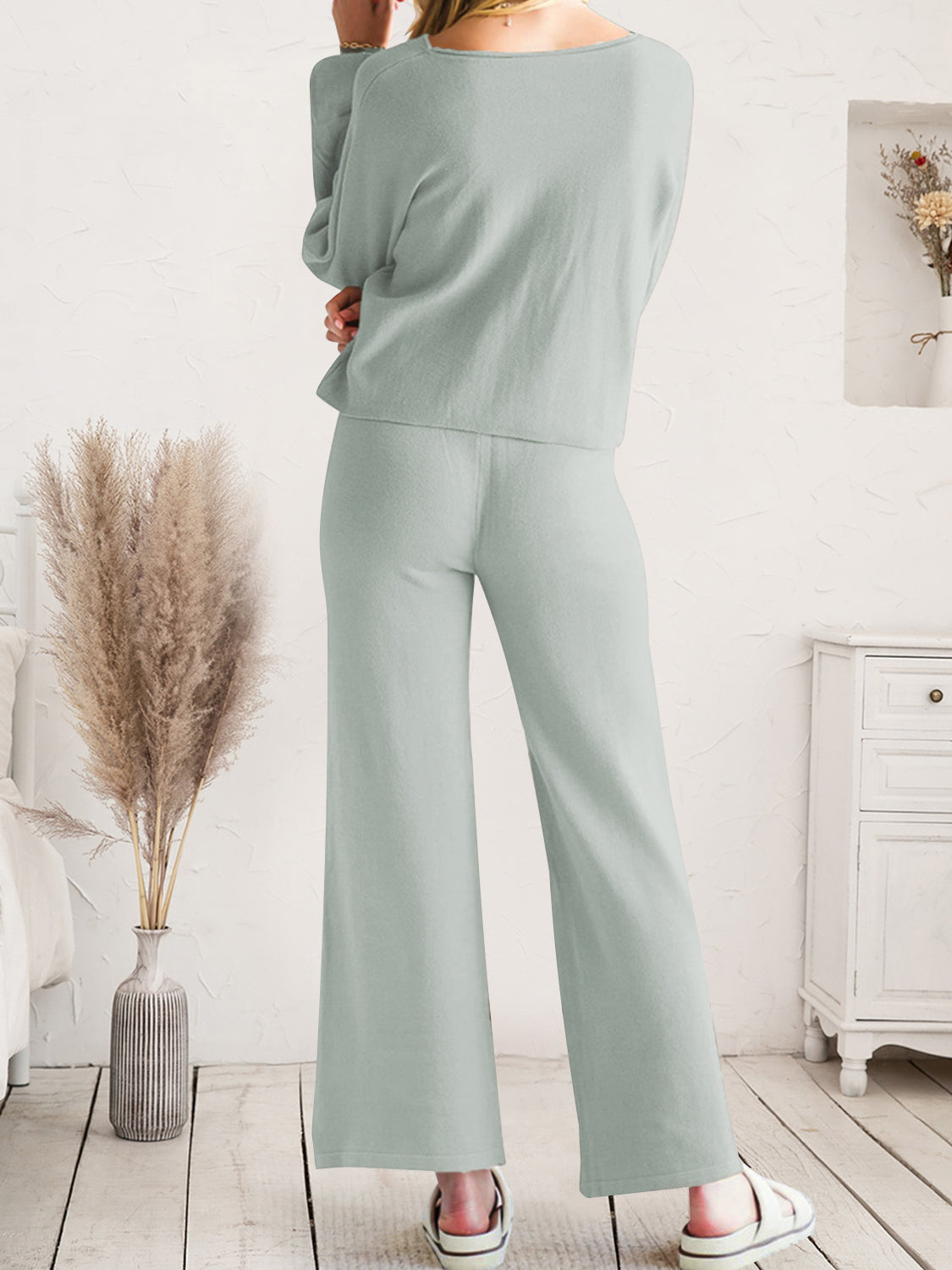 Long Sleeve Lounge Top and Drawstring Pants Set - Ladyez